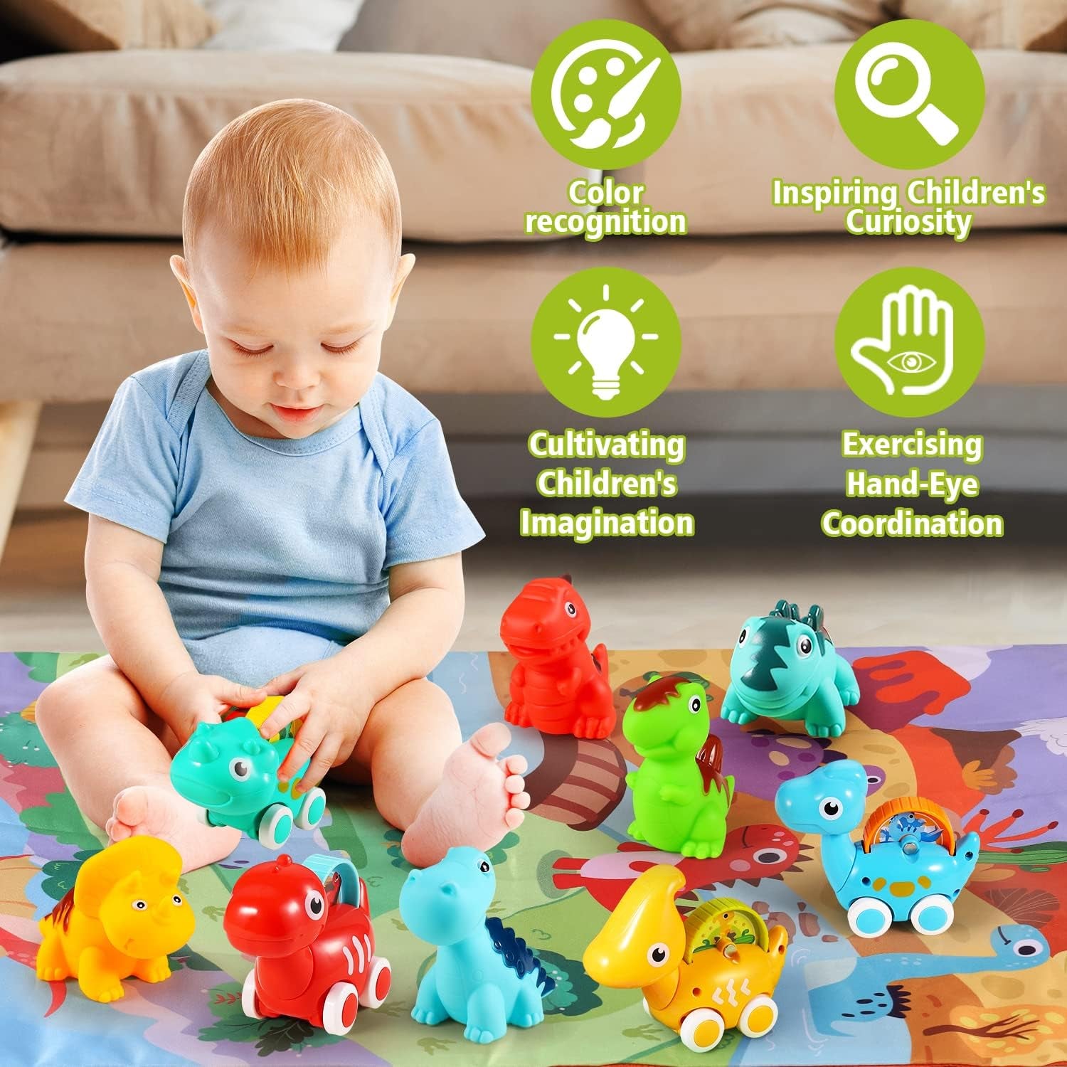 9 PCS Dinosaur Fantastic Creatures Toys with Playmat/Storage Bag|Baby Car Toys for 1 Year Old Boy|1St Birthday Gifts for Toddler Age 1-2|1 Year Old Boy Birthday Gift for Infant 6 12 18 Months