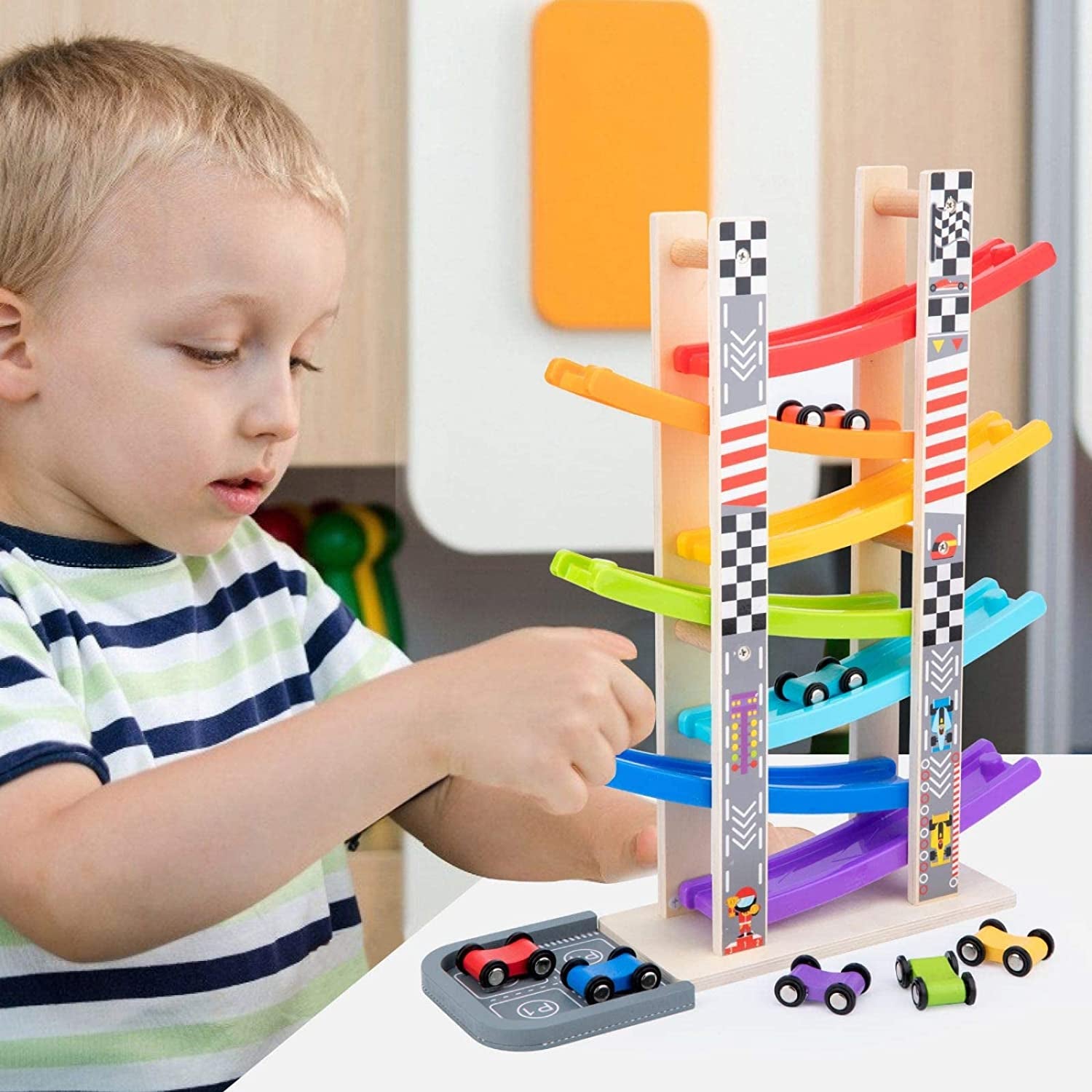 Toddler Toys for 1 2 3 Years Old, Wooden Car Ramp Racer Toy Vehicle Set with 7 Mini Cars &amp; Race Tracks, Montessori Toys for Toddlers Boys Girls Gift