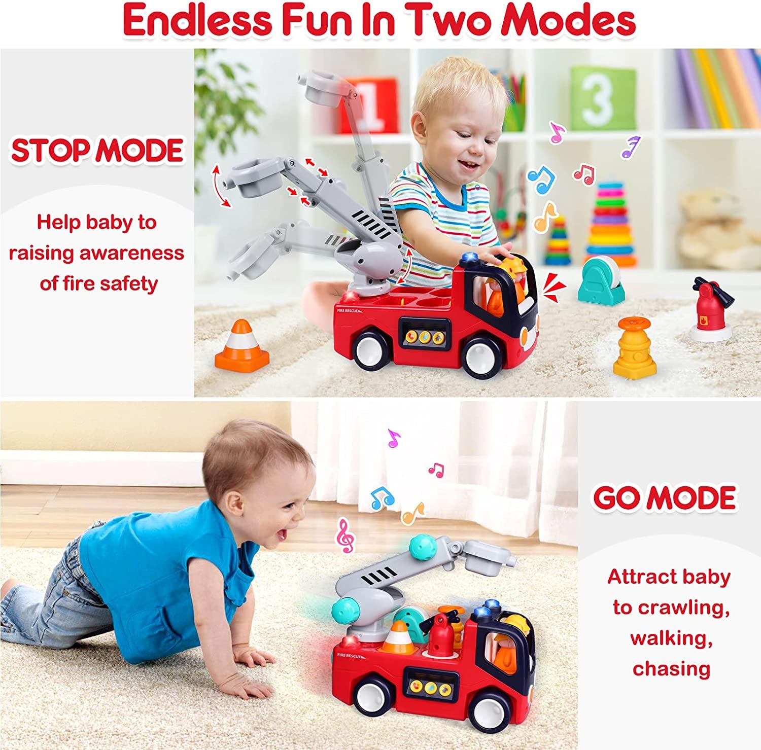 Baby Toys 12-18 Months Musical Fire Truck Toys for 1 Year Old Boys Girls Early Educational Learning Toy with Firefighting Tools/Music/Light Baby Toy Cars for 1 2 3 Year Old Boy Birthday Gifts