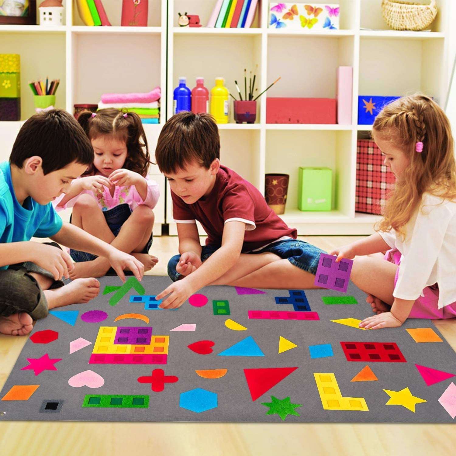 64Pcs Preschool Shapes Teaching Felt Board Story Set 3.5 Ft Colorful Montessori Teacher Aide Tangrams Storytelling Flannel Interactive Play Kit Wall Hanging Gift for Toddlers