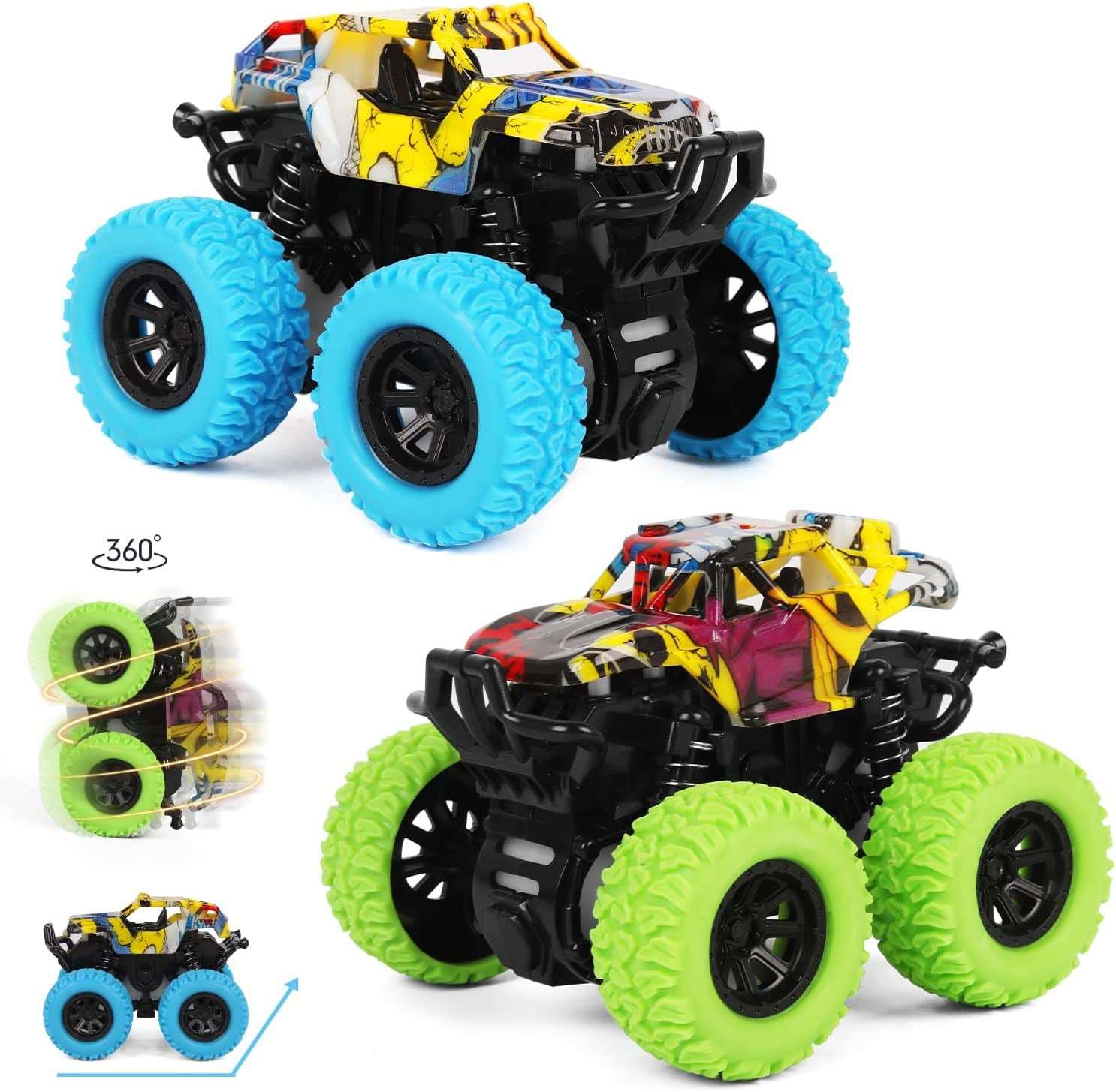 Car Toys for Boys 3-5 Years Old - Monster Truck 2 Pack 360° Rotating Stunt Cars - Toddler Toys for Girls Birthday Christmas Party Gifts.