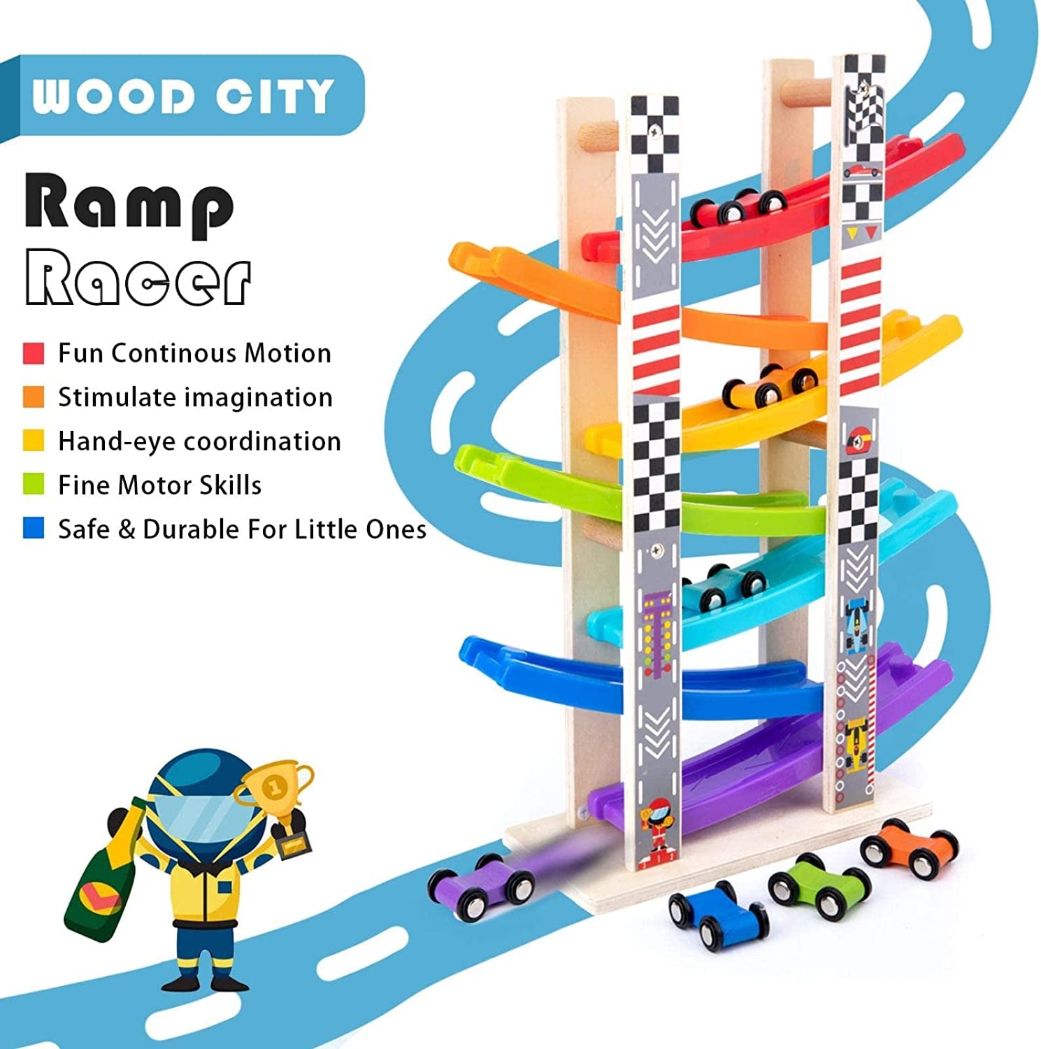 Toddler Toys for 1 2 3 Years Old, Wooden Car Ramp Racer Toy Vehicle Set with 7 Mini Cars &amp; Race Tracks, Montessori Toys for Toddlers Boys Girls Gift