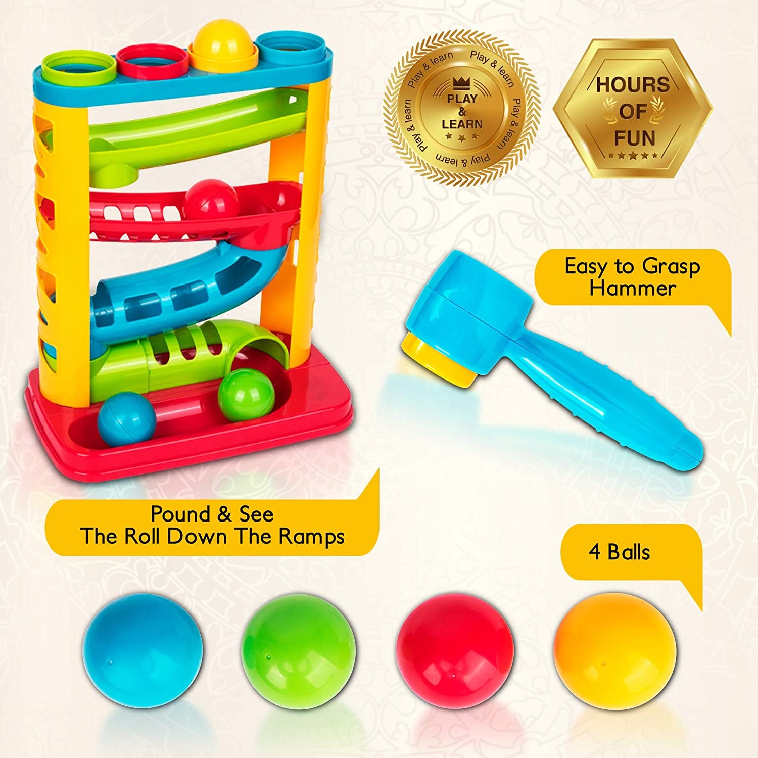 Durable Pound a Ball Toys for Toddler, Stacking, Learning, Active, Early Developmental Hammer Montessori Toys, Fun Gifts for Boy &amp; Girl - STEM Educational Toy - Great Birthday Gift Ages 1 2 3