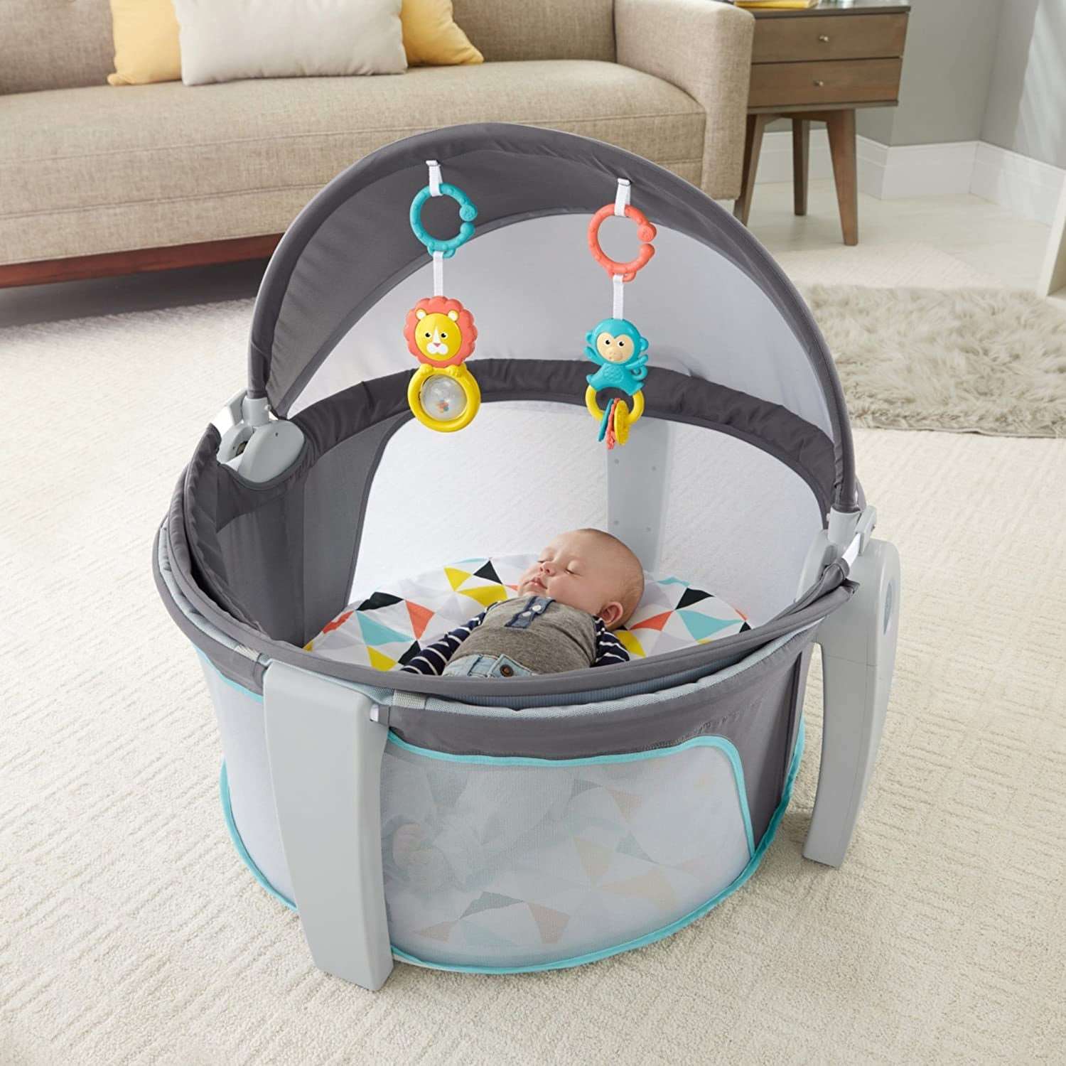 Portable Bassinet and Play Space On-The-Go Baby Dome with Developmental Toys and Canopy, Windmill