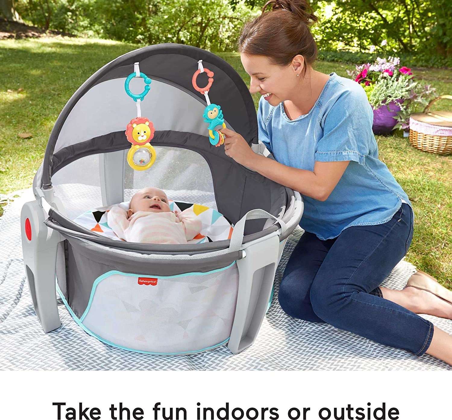 Portable Bassinet and Play Space On-The-Go Baby Dome with Developmental Toys and Canopy, Windmill