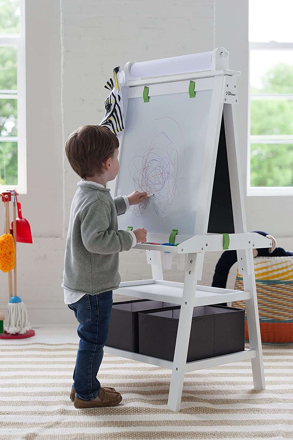 3-In-1 Art Easel by  2-Sided A-Frame Art Easel with Chalk Board, Dry Erase, Storage, Paper Feed and Accessories for Toddlers (Soft White)