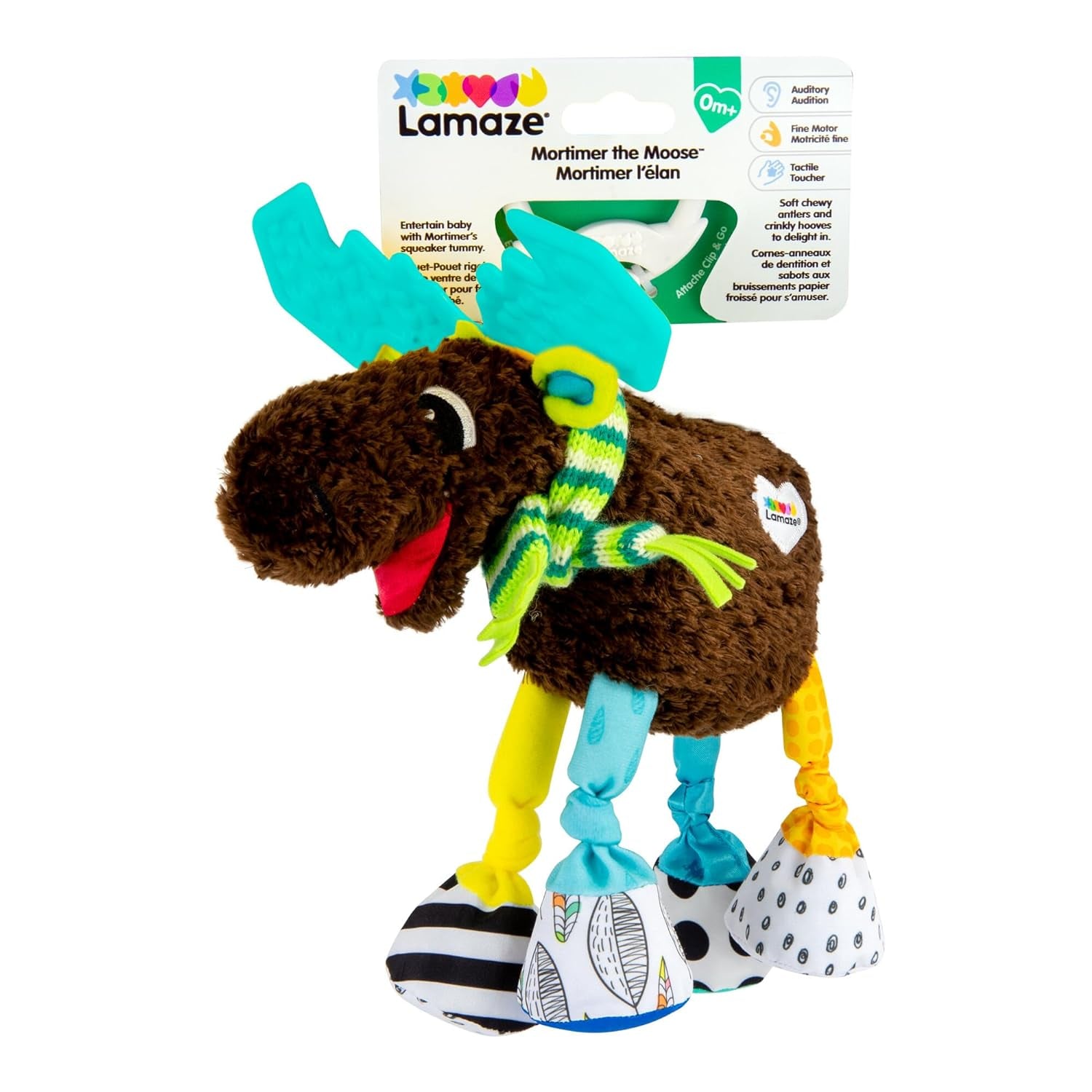 Mortimer the Moose Clip on Car Seat and Stroller Toy - Soft Baby Hanging Toys - Baby Crinkle Toys with High Contrast Colors - Baby Travel Toys Ages 0 Months and Up