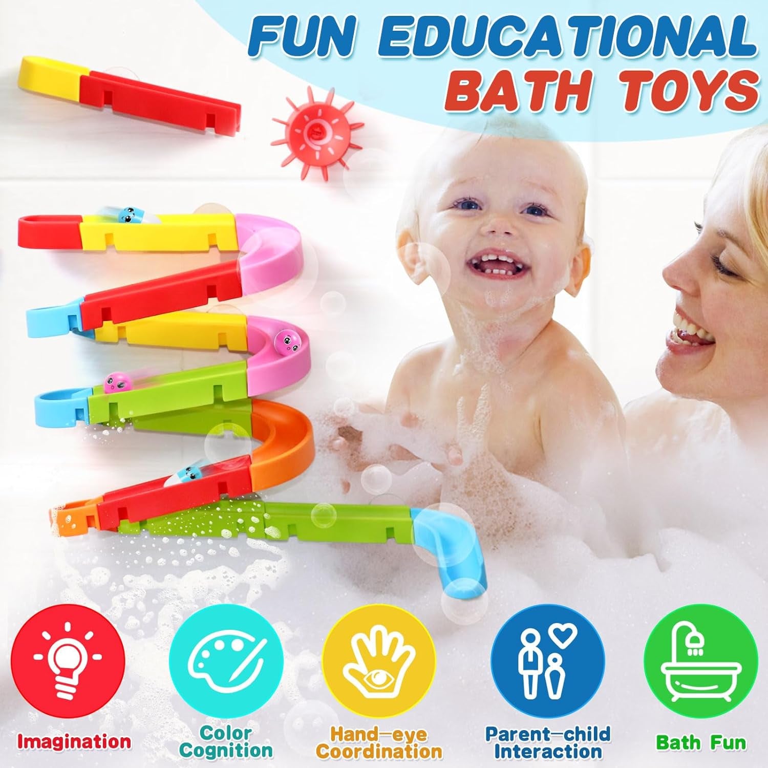 Bath Toys for Kids Ages 2-4-8 Toddler Bathtub Toys Slippery Slide Track DIY Mold Free Shower Toddler Toys with Suction Cups Birthday Gift for Boys Girls Bath Time Ages 2 3 4 5 6 7 8(38PCS)