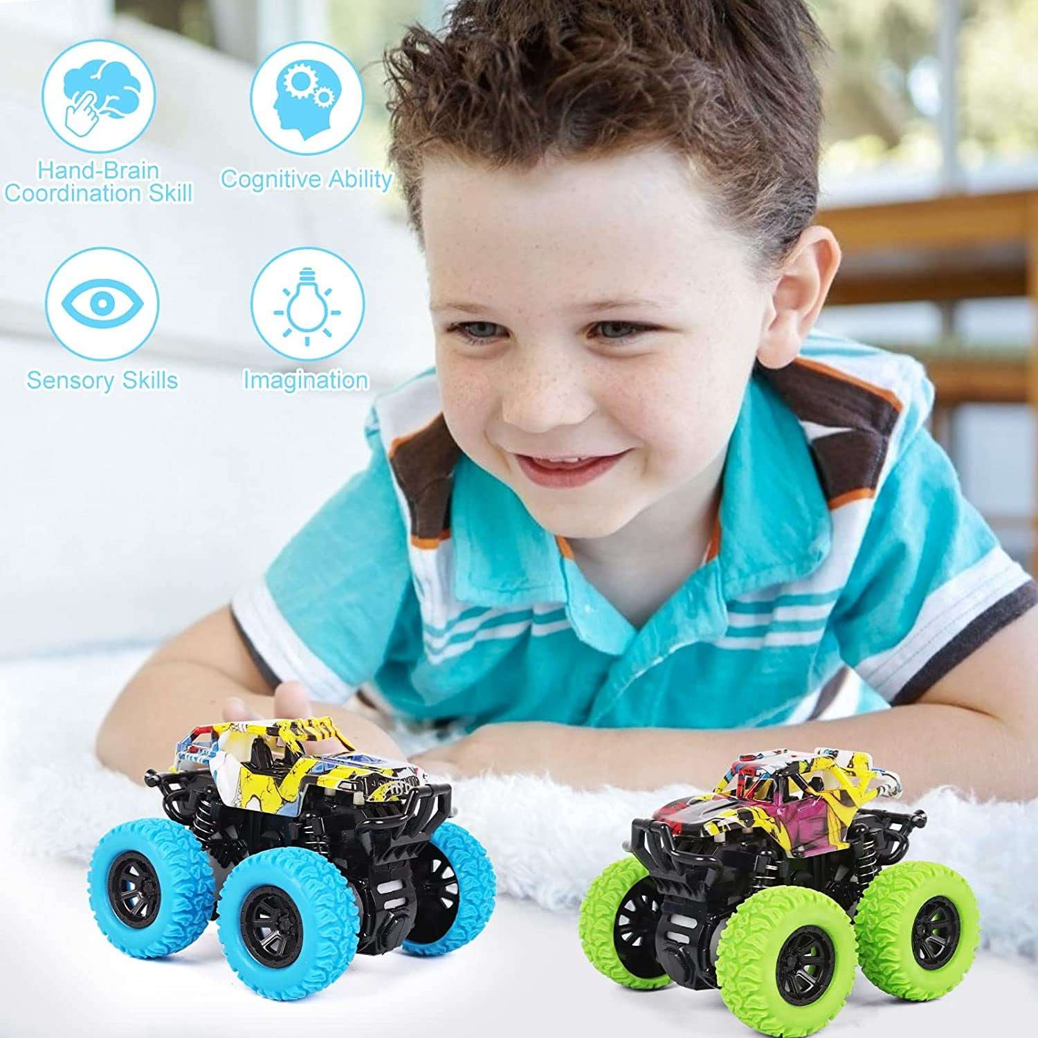 Car Toys for Boys 3-5 Years Old - Monster Truck 2 Pack 360° Rotating Stunt Cars - Toddler Toys for Girls Birthday Christmas Party Gifts.