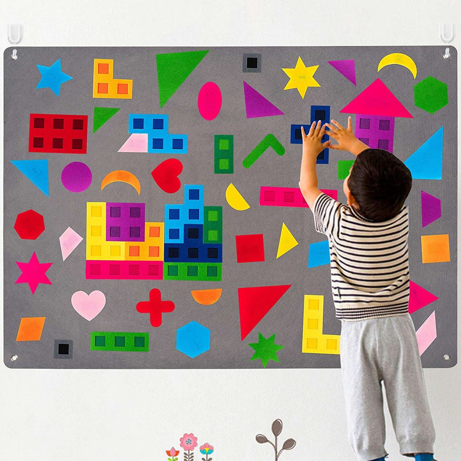 64Pcs Preschool Shapes Teaching Felt Board Story Set 3.5 Ft Colorful Montessori Teacher Aide Tangrams Storytelling Flannel Interactive Play Kit Wall Hanging Gift for Toddlers