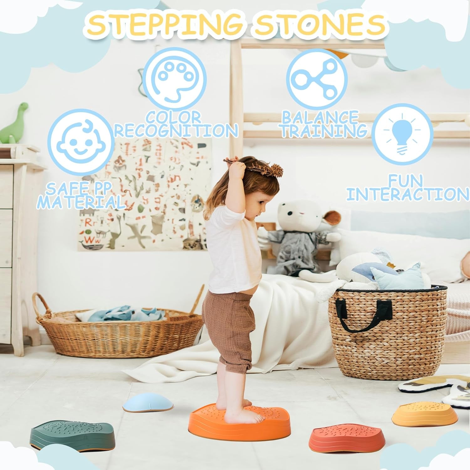 Balance Stepping Stones for Kids 5Pcs Non-Slip River Stones Obstacle Course Play Indoor and Outdoor Coordination Game Sensory Toys Toddler Ages 3 4 5 6 7 8+