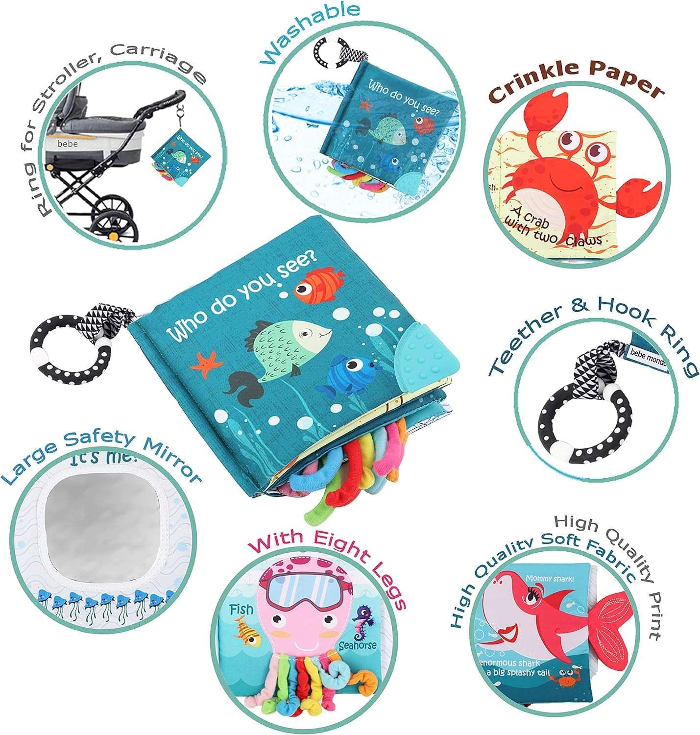 Fish Baby Books Toys, Touch and Feel Cloth Soft Crinkle Books for Babies,Toddlers Infant Kids Activity Early Education Toys, Shark Tails Teething Toys Teether Ring, Baby Book Octopus,Ocean Sea Animal