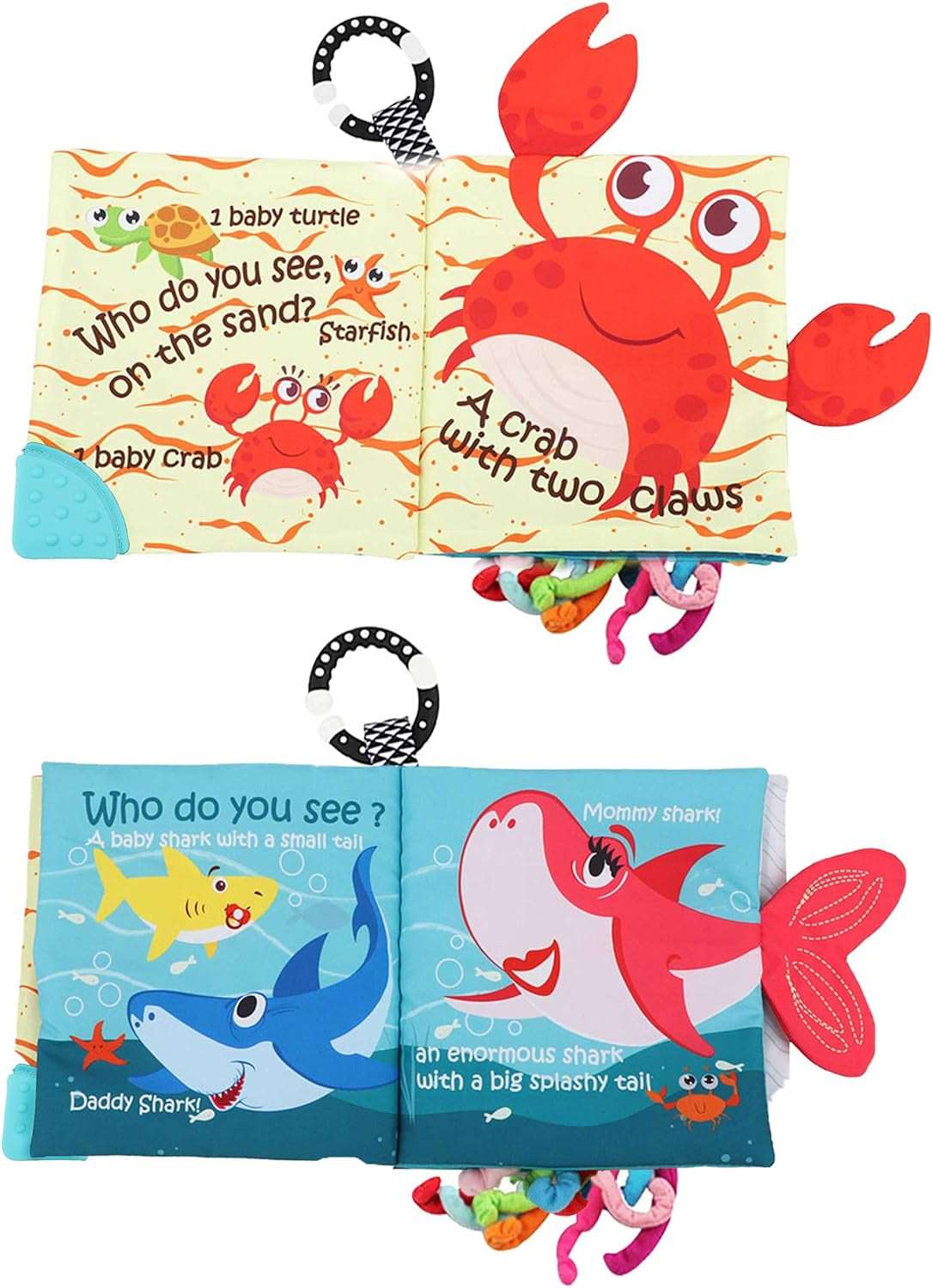 Fish Baby Books Toys, Touch and Feel Cloth Soft Crinkle Books for Babies,Toddlers Infant Kids Activity Early Education Toys, Shark Tails Teething Toys Teether Ring, Baby Book Octopus,Ocean Sea Animal