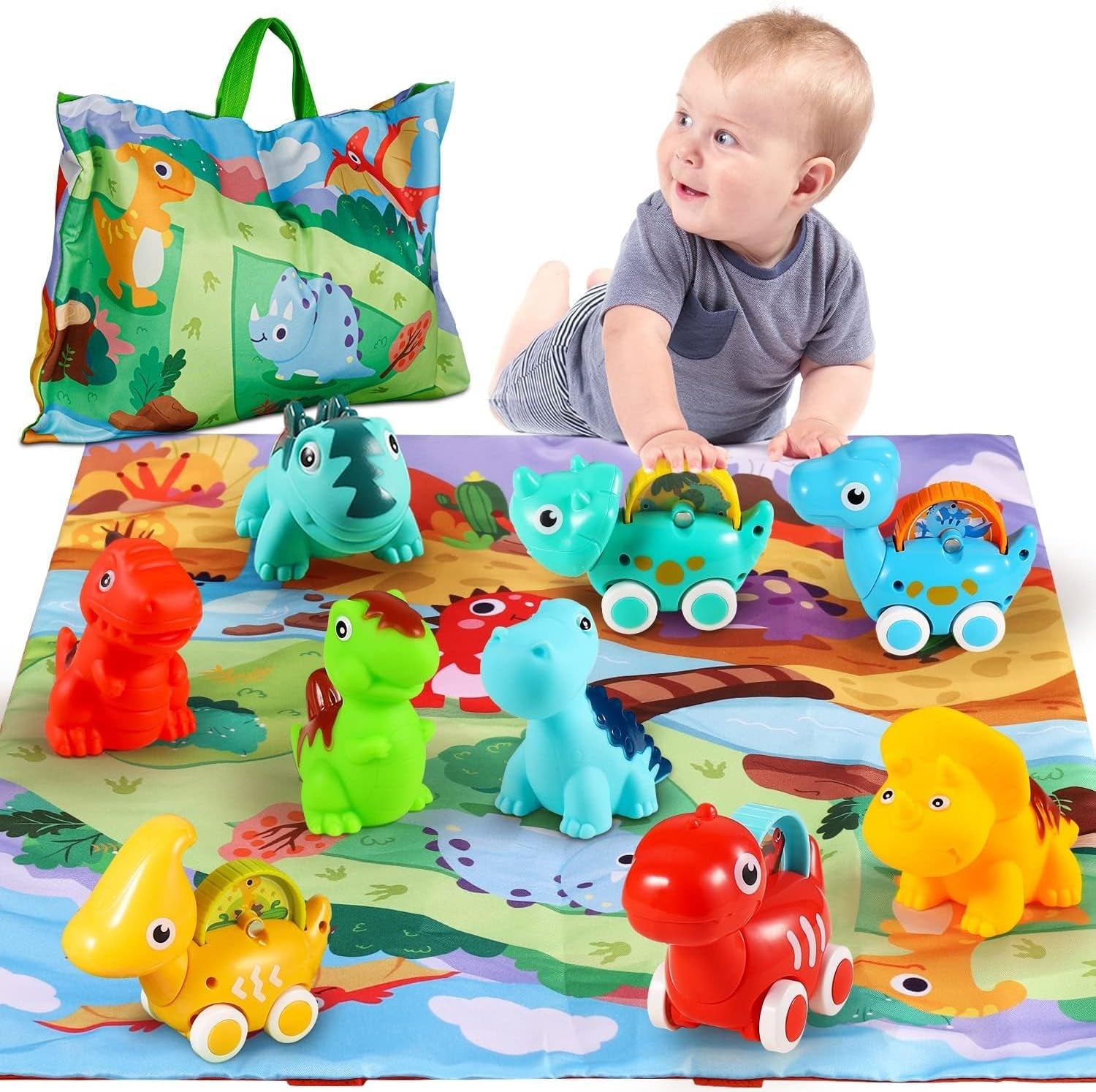 9 PCS Dinosaur Fantastic Creatures Toys with Playmat/Storage Bag|Baby Car Toys for 1 Year Old Boy|1St Birthday Gifts for Toddler Age 1-2|1 Year Old Boy Birthday Gift for Infant 6 12 18 Months