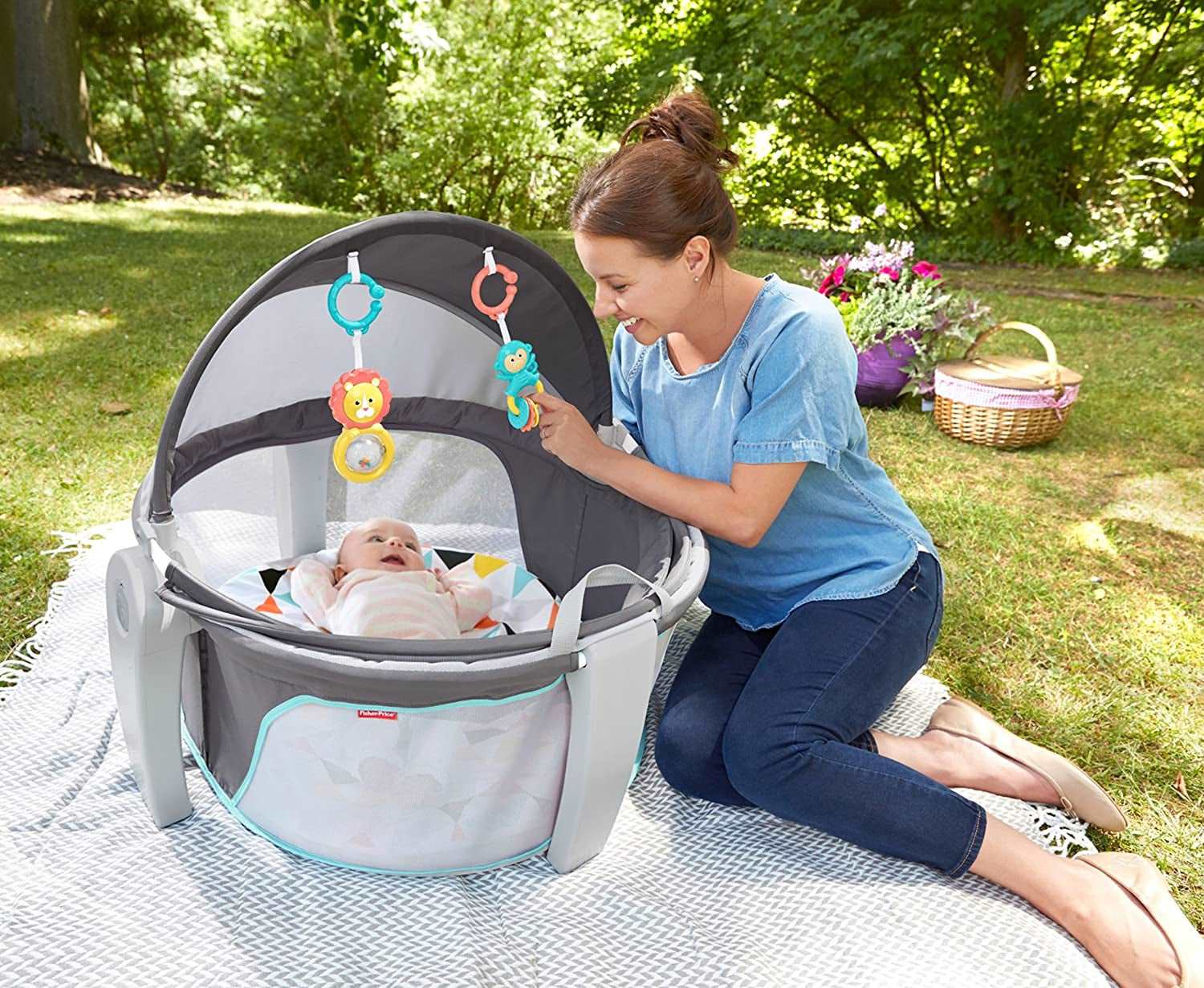 Portable Bassinet and Play Space On-The-Go Baby Dome with Developmental Toys and Canopy, Windmill