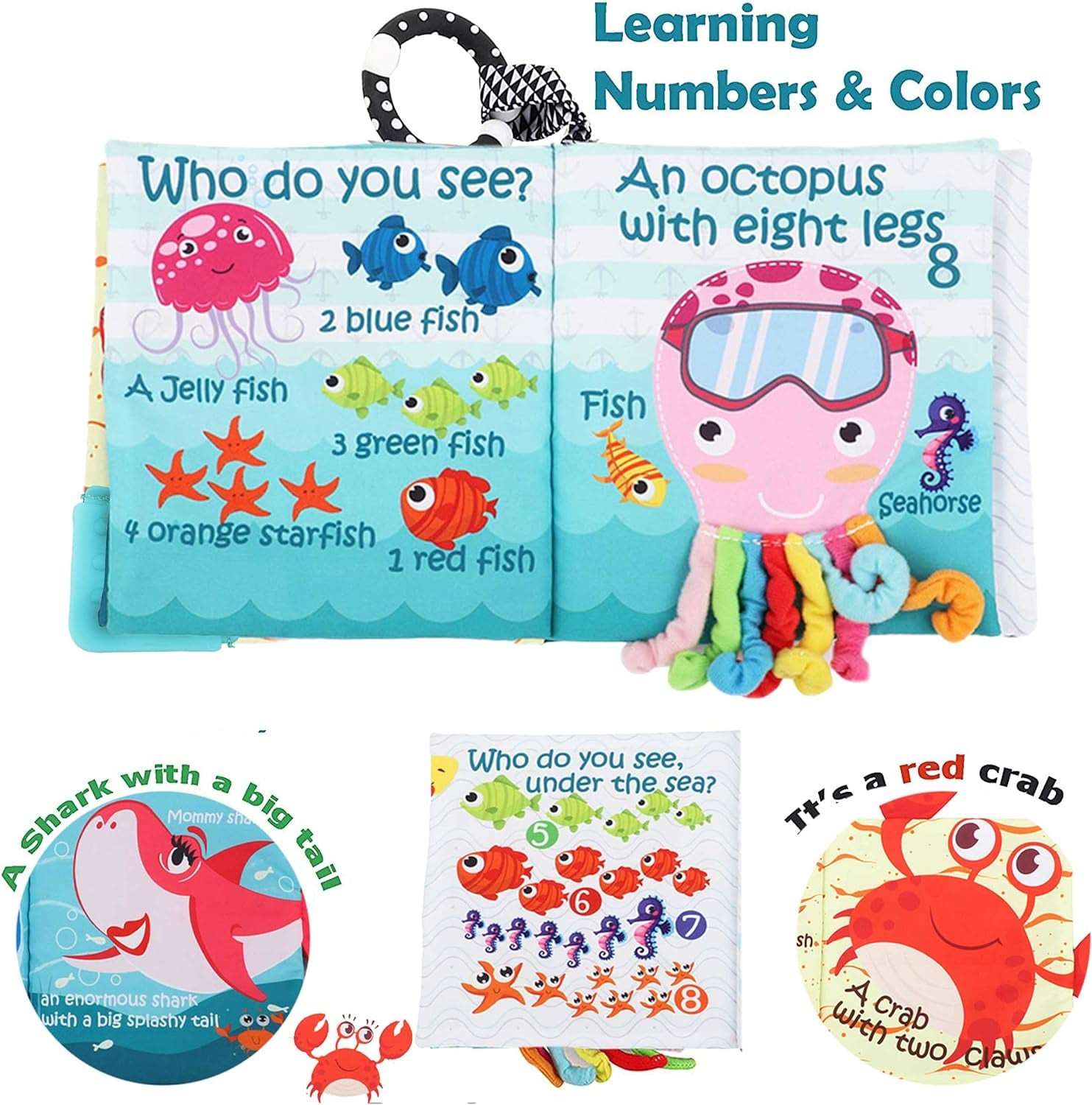 Fish Baby Books Toys, Touch and Feel Cloth Soft Crinkle Books for Babies,Toddlers Infant Kids Activity Early Education Toys, Shark Tails Teething Toys Teether Ring, Baby Book Octopus,Ocean Sea Animal