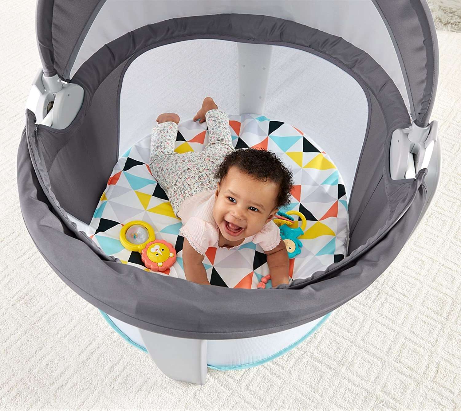 Portable Bassinet and Play Space On-The-Go Baby Dome with Developmental Toys and Canopy, Windmill