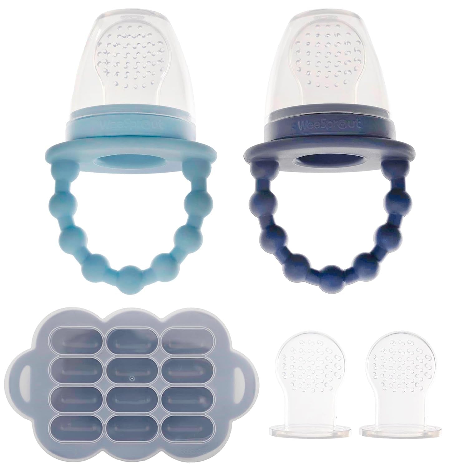 Silicone Baby Food Feeders + Freezer Tray for Batch Prep, Set of 2, Introduce New Foods Safely, Double as Silicone Teething Toys, Includes 2 Extra Food Pouches & Travel Lids, Dishwasher Safe