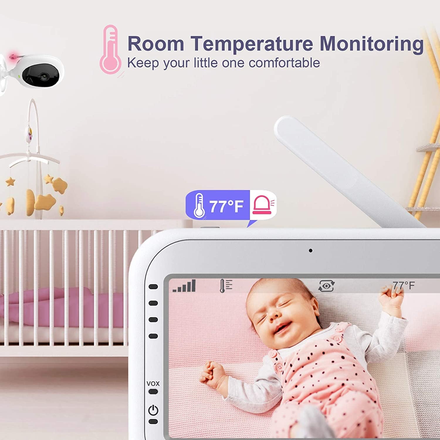 Jlb7Tech Baby Monitor, 5&quot; Split Screen,Video Baby Monitor with 2 Cameras and Audio,Night Vision,Two-Way Talk,Long Range,Feeding Time,Lullabies,Temperature Detection,Power Saving/Vox,Zoom In