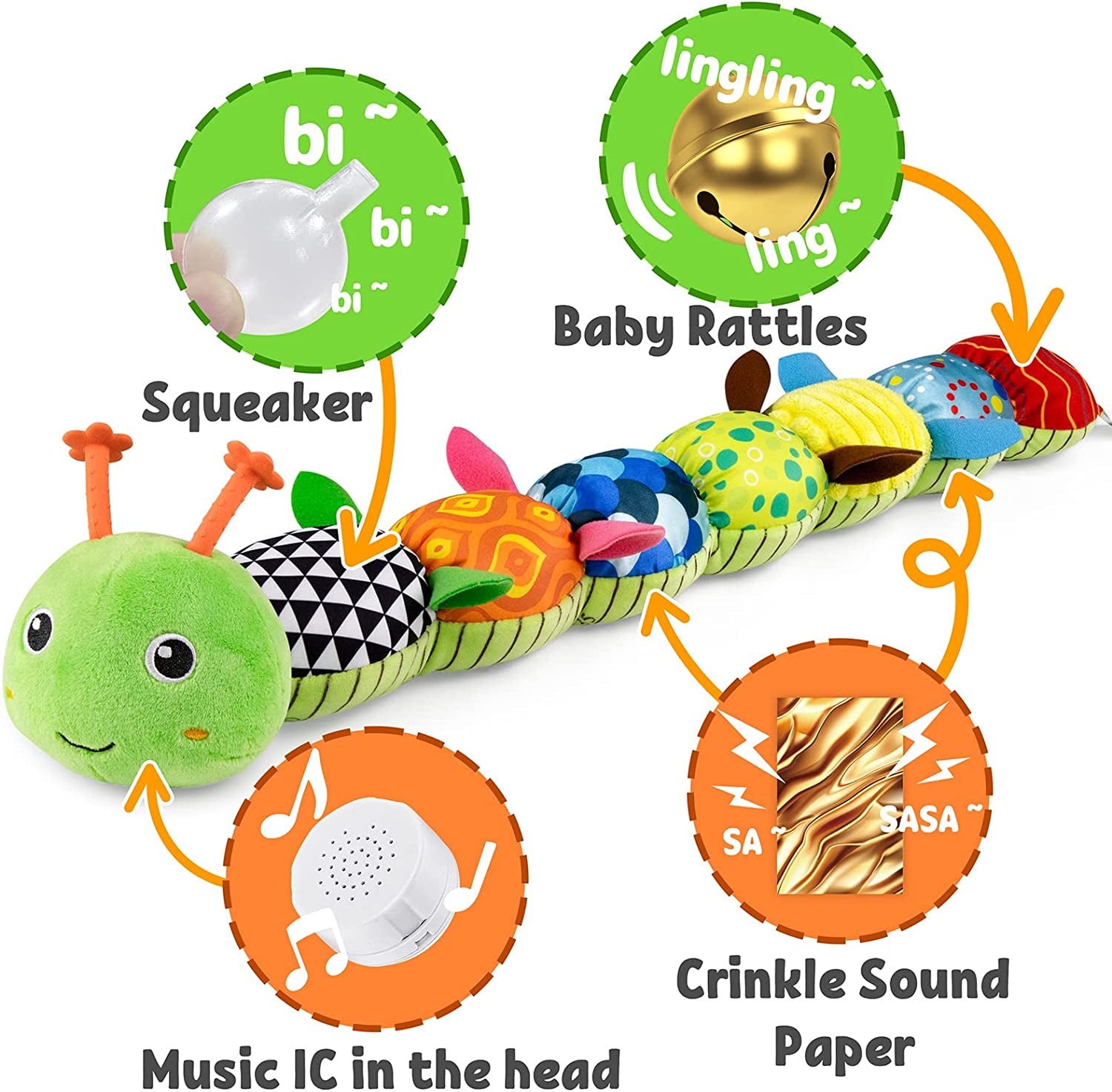 Baby Toys Musical Caterpillar,Infant Stuffed Animal Toys with Crinkle and Rattles,Soft Sensory Toys with Textures for Tummy Time Newborn Boys Girls 0 3 6 12 Months(Green)