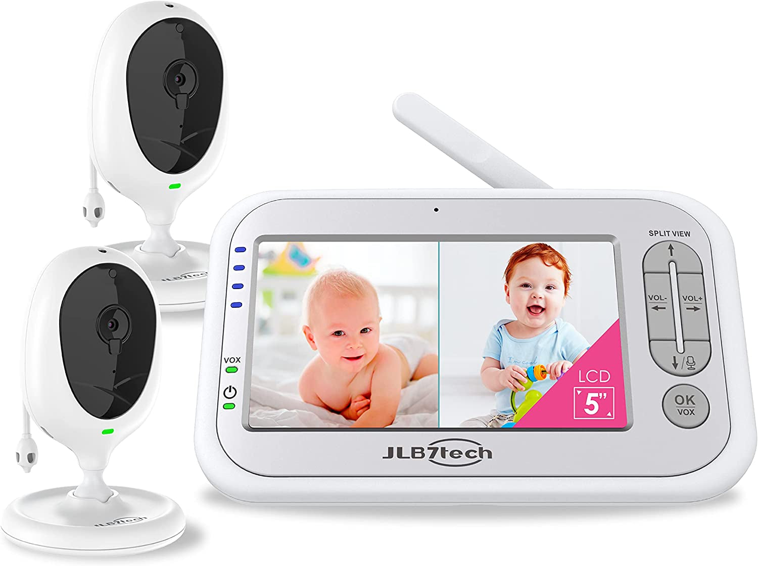 Jlb7Tech Baby Monitor, 5" Split Screen,Video Baby Monitor with 2 Cameras and Audio,Night Vision,Two-Way Talk,Long Range,Feeding Time,Lullabies,Temperature Detection,Power Saving/Vox,Zoom In