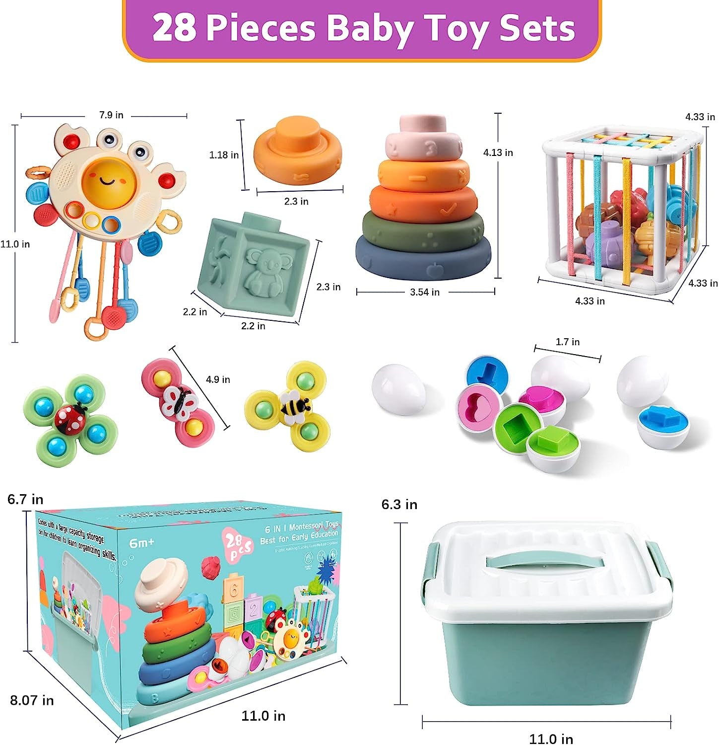 Baby Toys for 6 to 12 Months, Montessori Sensory Bins Toys for Toddlers 1-3, Pull String Teether Infants Bath Toys 6 in 1 Stacking Blocks Rings, Matching Eggs, Suction Cup Spinner Toy