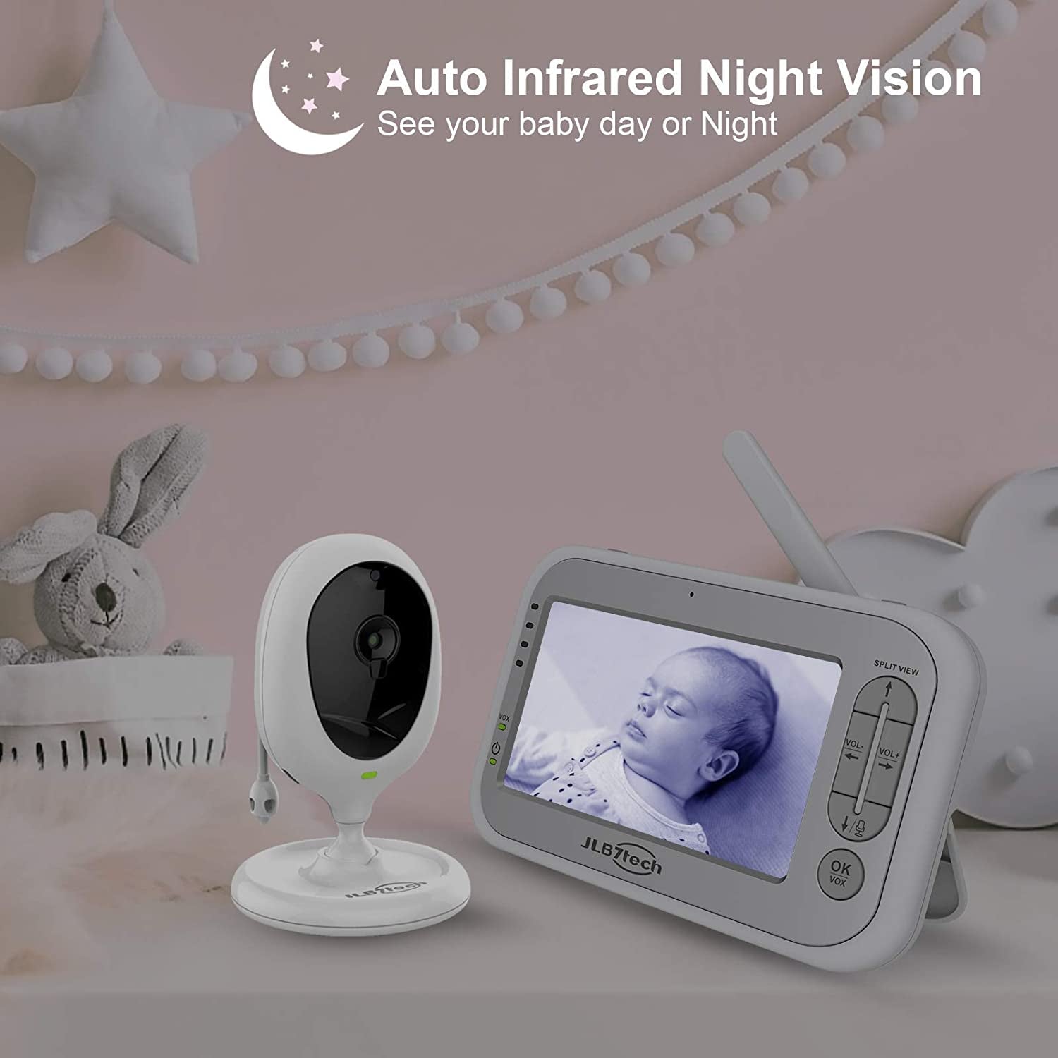 Jlb7Tech Baby Monitor, 5&quot; Split Screen,Video Baby Monitor with 2 Cameras and Audio,Night Vision,Two-Way Talk,Long Range,Feeding Time,Lullabies,Temperature Detection,Power Saving/Vox,Zoom In