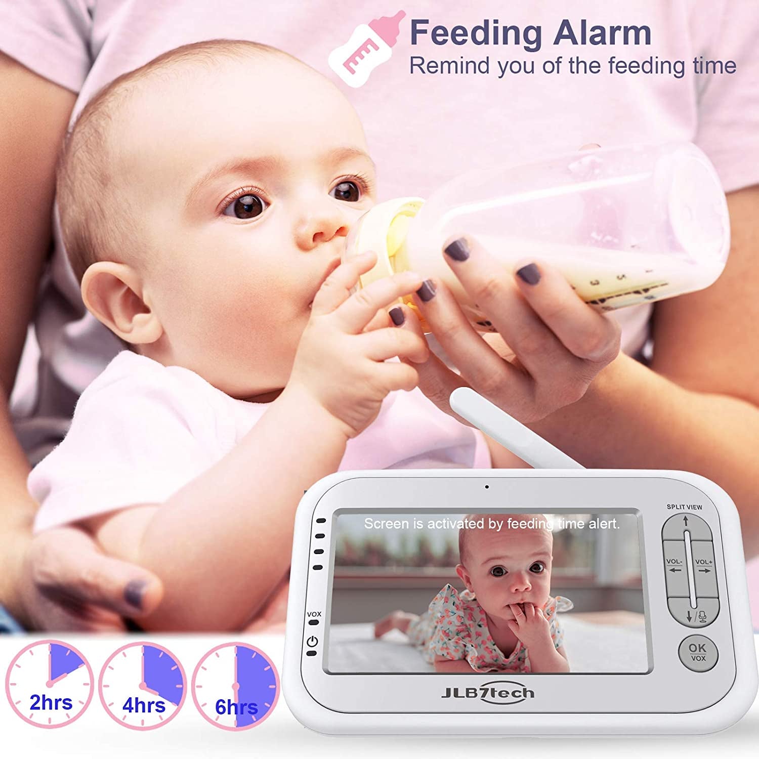 Jlb7Tech Baby Monitor, 5&quot; Split Screen,Video Baby Monitor with 2 Cameras and Audio,Night Vision,Two-Way Talk,Long Range,Feeding Time,Lullabies,Temperature Detection,Power Saving/Vox,Zoom In