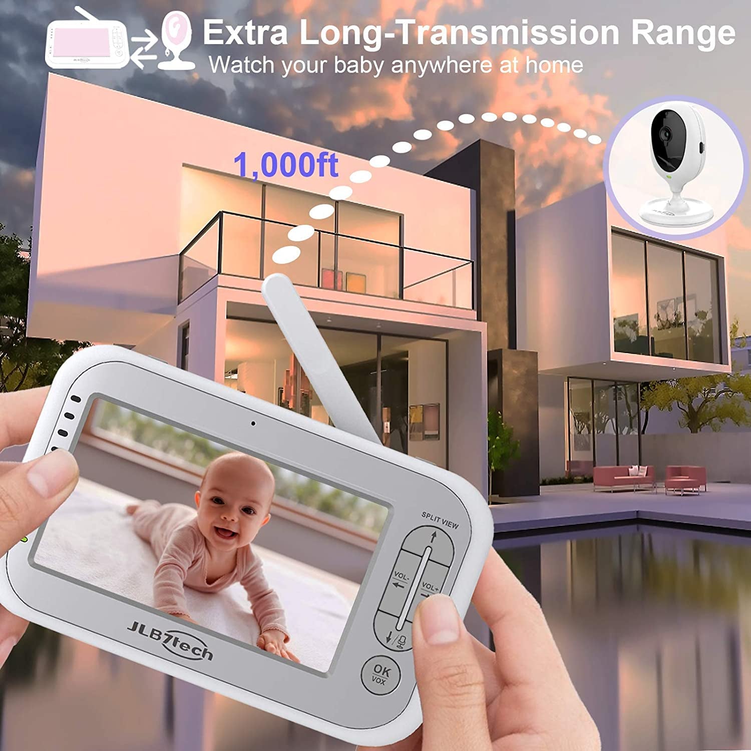 Jlb7Tech Baby Monitor, 5&quot; Split Screen,Video Baby Monitor with 2 Cameras and Audio,Night Vision,Two-Way Talk,Long Range,Feeding Time,Lullabies,Temperature Detection,Power Saving/Vox,Zoom In