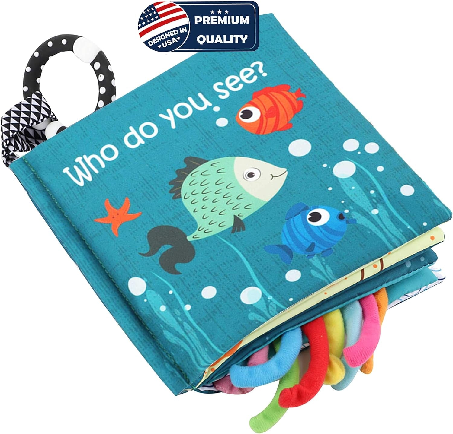 Fish Baby Books Toys, Touch and Feel Cloth Soft Crinkle Books for Babies,Toddlers Infant Kids Activity Early Education Toys, Shark Tails Teething Toys Teether Ring, Baby Book Octopus,Ocean Sea Animal