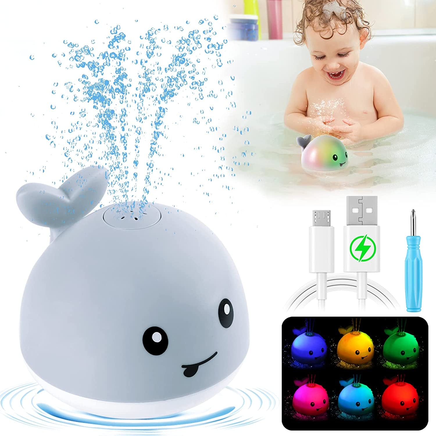 Baby Bath Toys Gifts, Christmas Rechargeable Baby Toys Whale, Light up Bath Toys, Sprinkler Bathtub Toys for Toddlers Infant Kids Boys Girls, Spray Water Bath Toy, Pool Bathroom Baby Toy