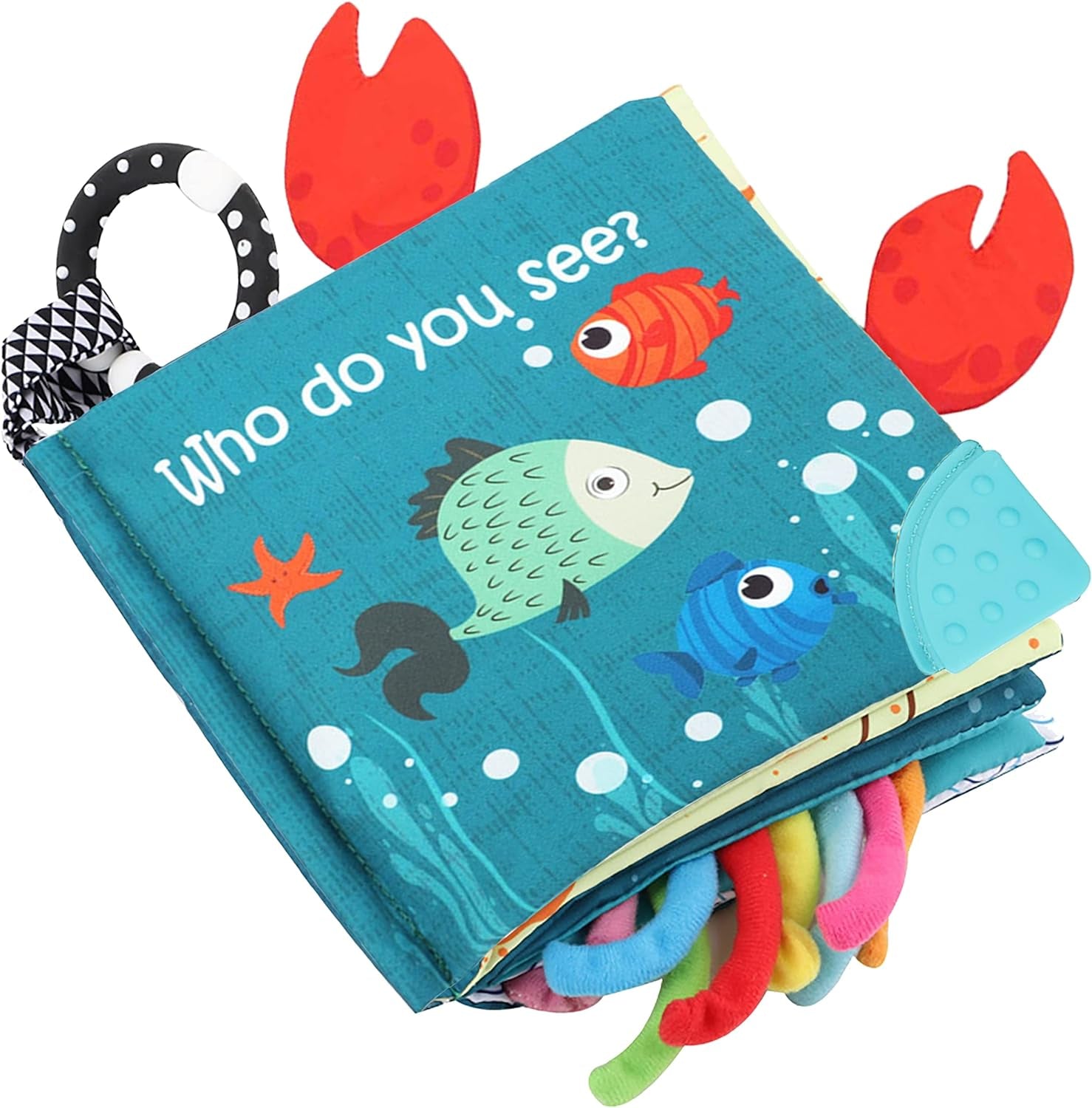 Fish Baby Books Toys, Touch and Feel Cloth Soft Crinkle Books for Babies,Toddlers Infant Kids Activity Early Education Toys, Shark Tails Teething Toys Teether Ring, Baby Book Octopus,Ocean Sea Animal