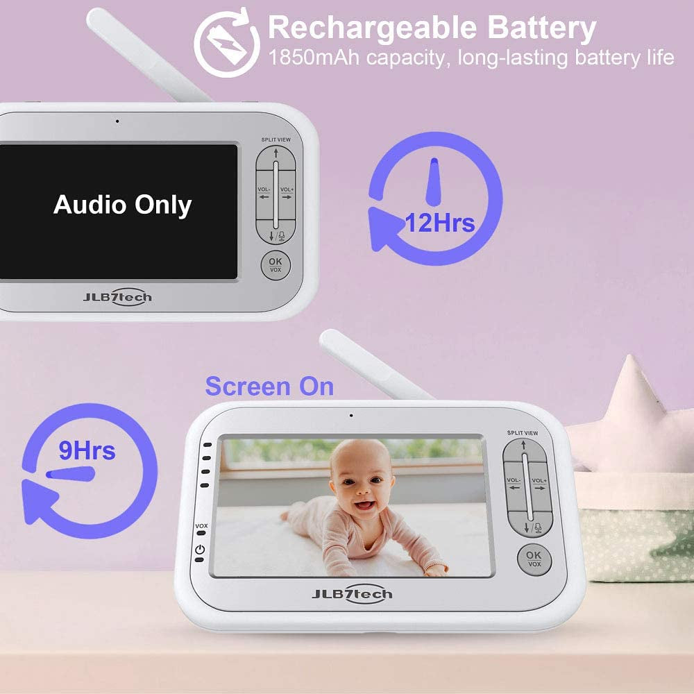 Jlb7Tech Baby Monitor, 5" Split Screen,Video Baby Monitor with 2 Cameras and Audio,Night Vision,Two-Way Talk,Long Range,Feeding Time,Lullabies,Temperature Detection,Power Saving/Vox,Zoom In