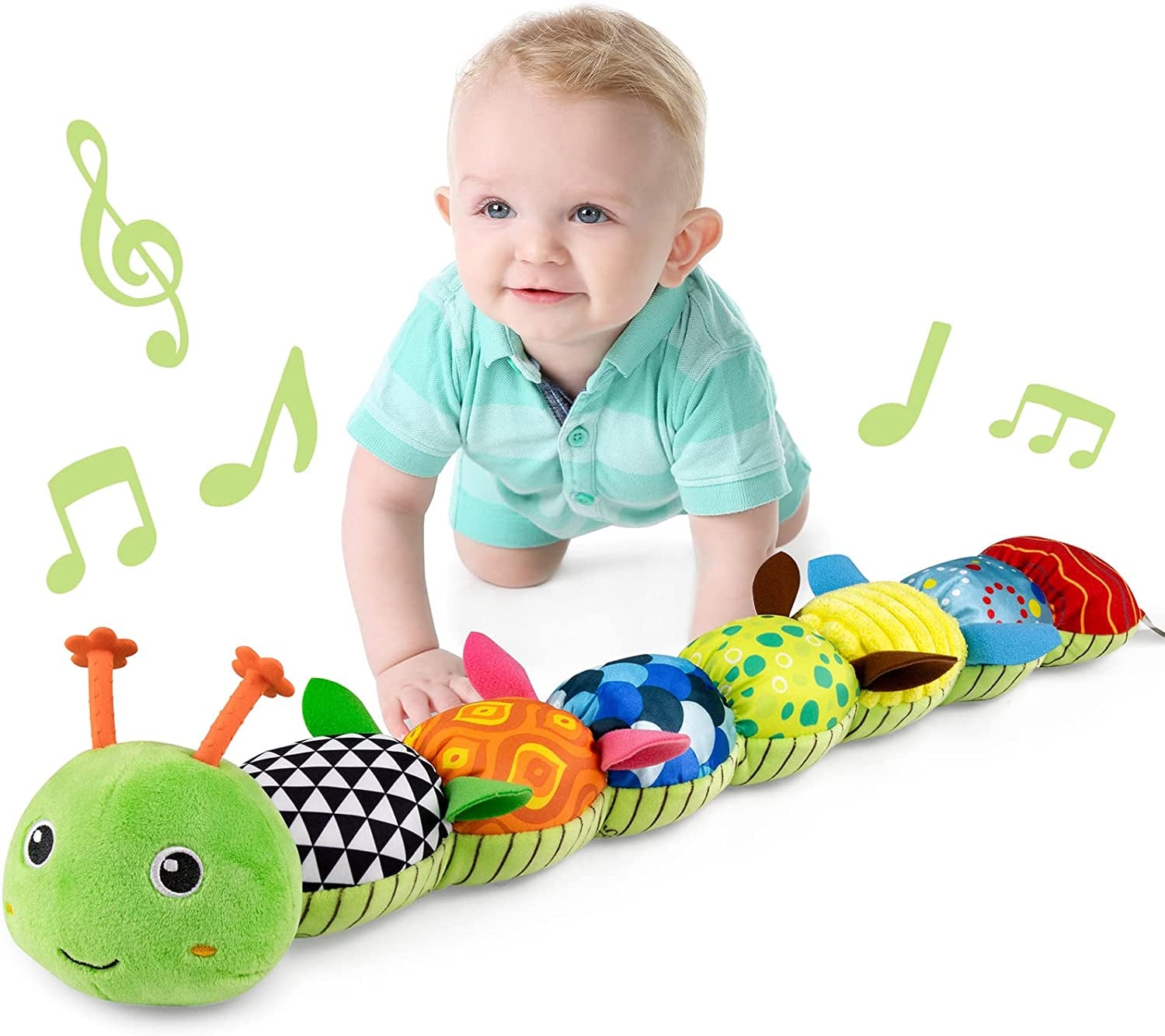 Baby Toys Musical Caterpillar,Infant Stuffed Animal Toys with Crinkle and Rattles,Soft Sensory Toys with Textures for Tummy Time Newborn Boys Girls 0 3 6 12 Months(Green)