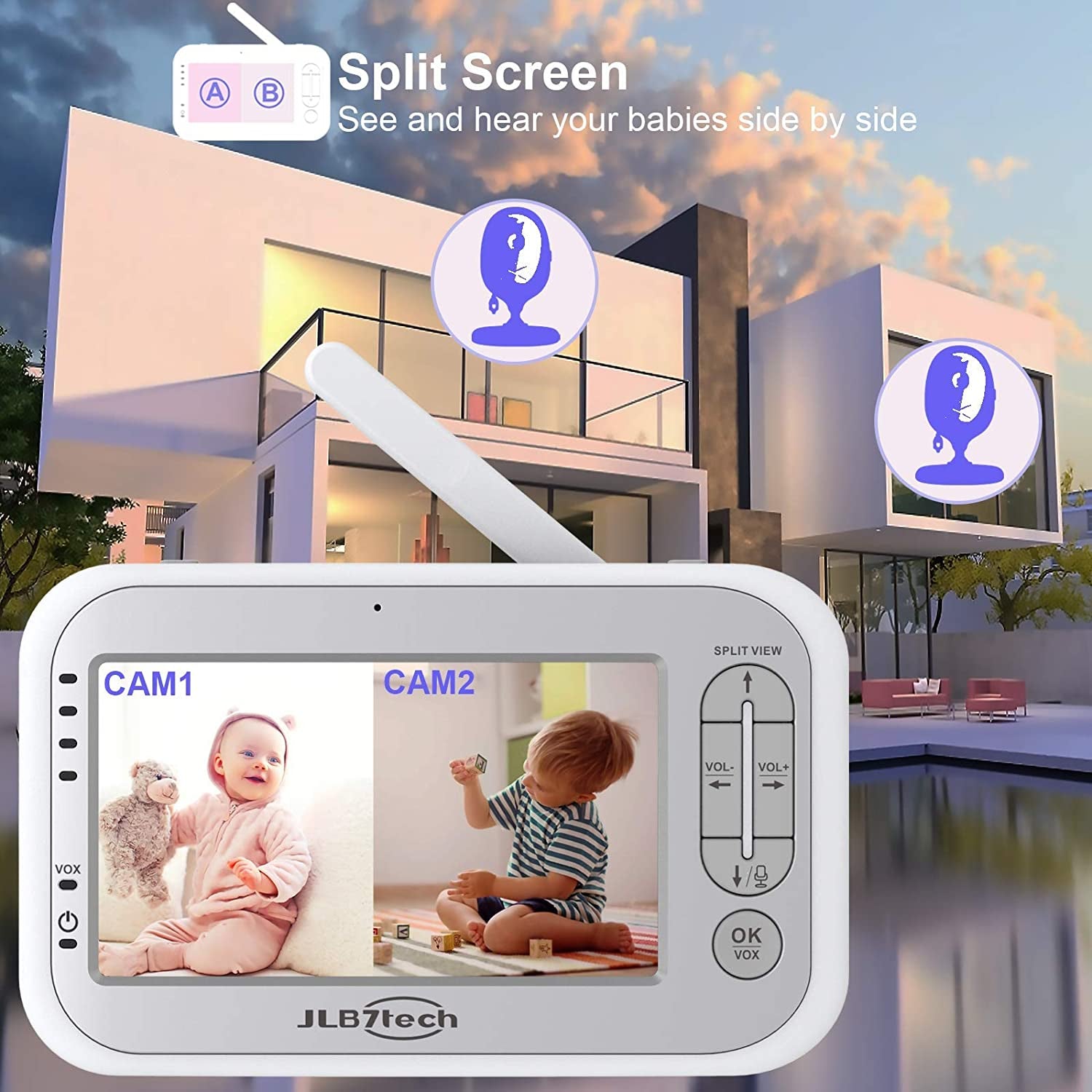 Jlb7Tech Baby Monitor, 5&quot; Split Screen,Video Baby Monitor with 2 Cameras and Audio,Night Vision,Two-Way Talk,Long Range,Feeding Time,Lullabies,Temperature Detection,Power Saving/Vox,Zoom In