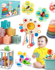 Baby Toys for 6 to 12 Months, Montessori Sensory Bins Toys for Toddlers 1-3, Pull String Teether Infants Bath Toys 6 in 1 Stacking Blocks Rings, Matching Eggs, Suction Cup Spinner Toy