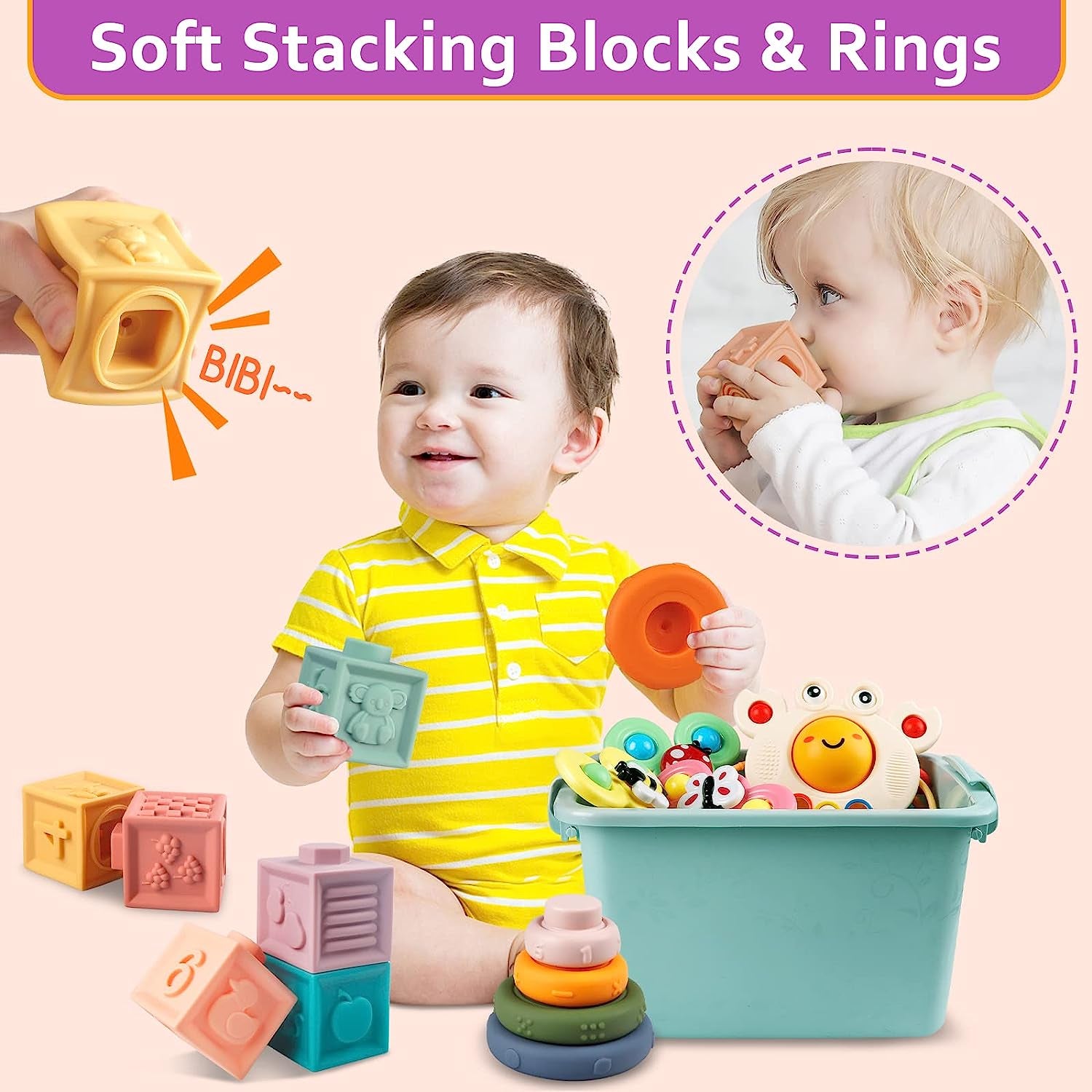 Baby Toys for 6 to 12 Months, Montessori Sensory Bins Toys for Toddlers 1-3, Pull String Teether Infants Bath Toys 6 in 1 Stacking Blocks Rings, Matching Eggs, Suction Cup Spinner Toy