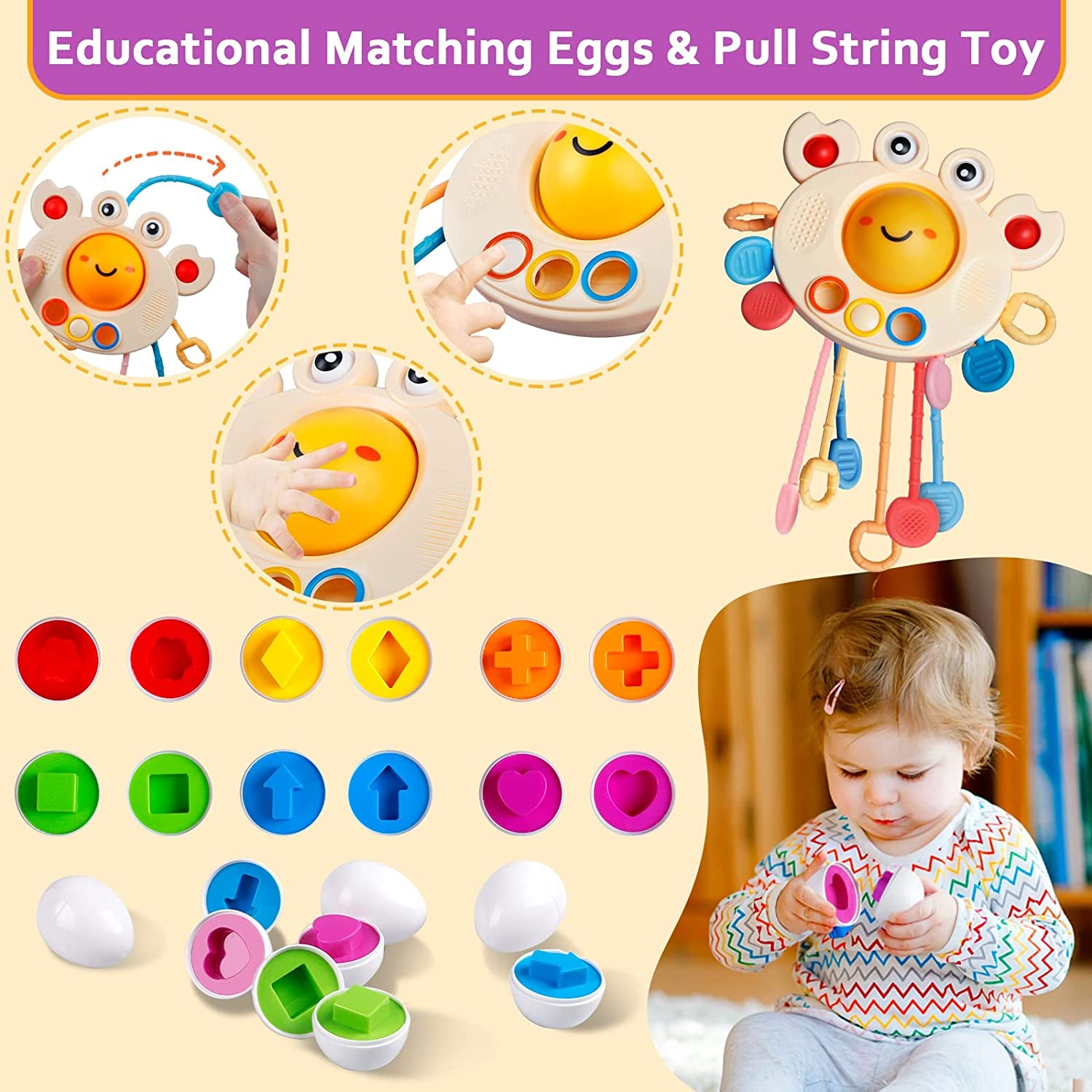 Baby Toys for 6 to 12 Months, Montessori Sensory Bins Toys for Toddlers 1-3, Pull String Teether Infants Bath Toys 6 in 1 Stacking Blocks Rings, Matching Eggs, Suction Cup Spinner Toy