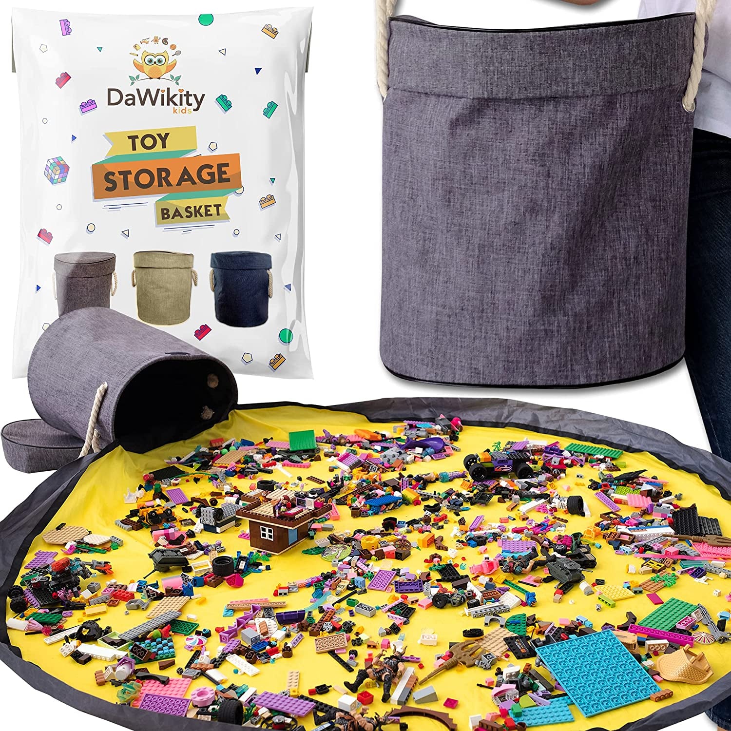 Toy Storage Basket and Play Mat - Building Bricks Toy Storage Organizer - Tidy with Ease - Toy Blocks Mat Storage Bag - Collapsible XL Kids Canvas Bag/Bin - Drawstring Playmat Boy/Girls-15"X14”(Grey)