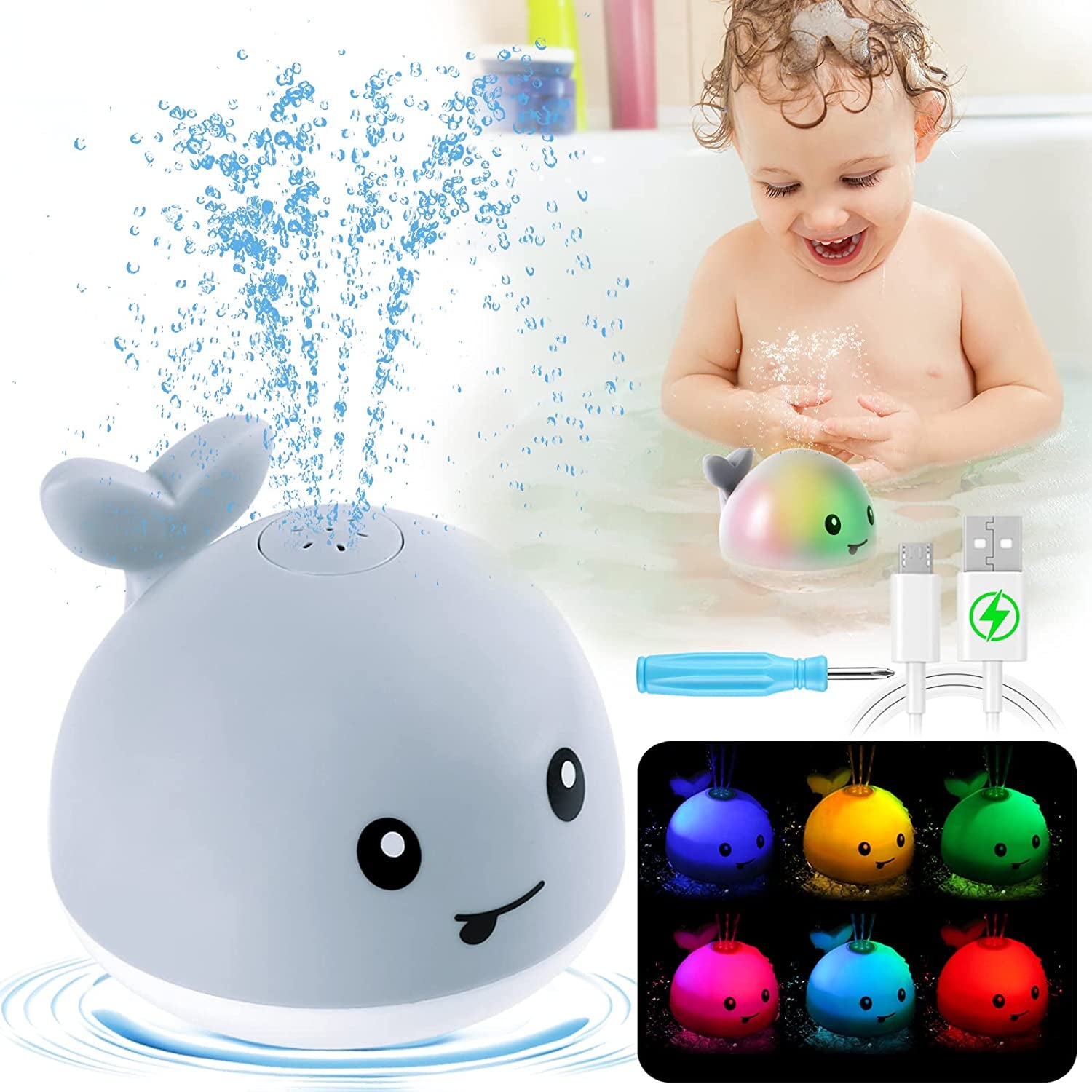 Baby Bath Toys Gifts, Christmas Rechargeable Baby Toys Whale, Light up Bath Toys, Sprinkler Bathtub Toys for Toddlers Infant Kids Boys Girls, Spray Water Bath Toy, Pool Bathroom Baby Toy