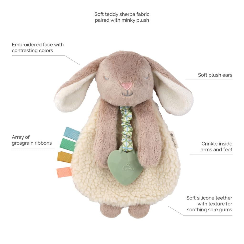 - Itzy Lovey Including Teether, Textured Ribbons &amp; Dangle Arms; Features Crinkle Sound, Sherpa Fabric and Minky Plush; Taupe Bunny